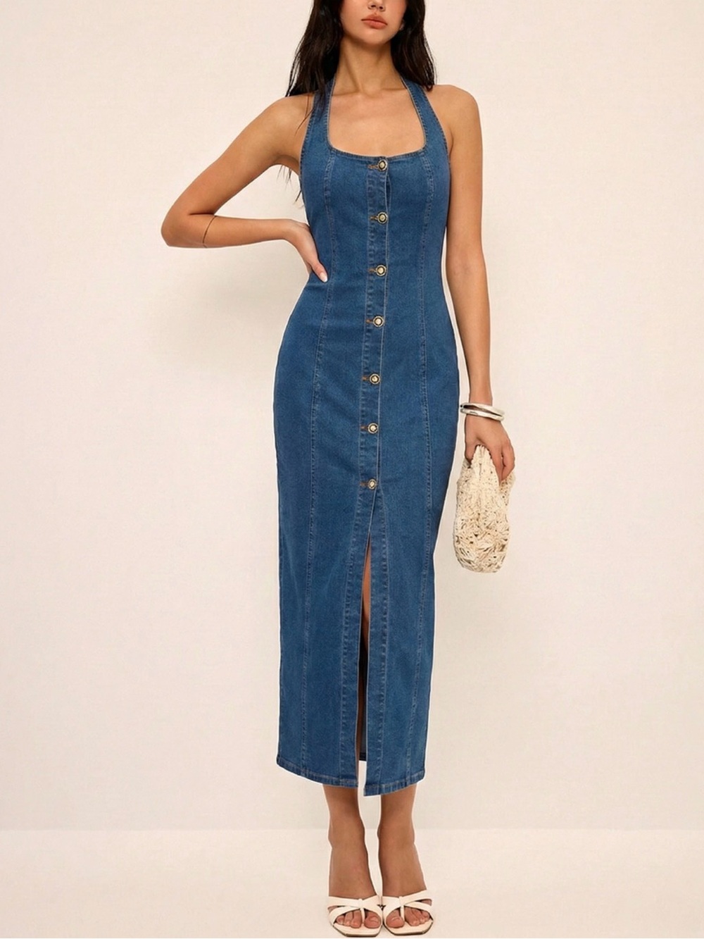 Commense Denim Halter Button-Front Maxi Dress